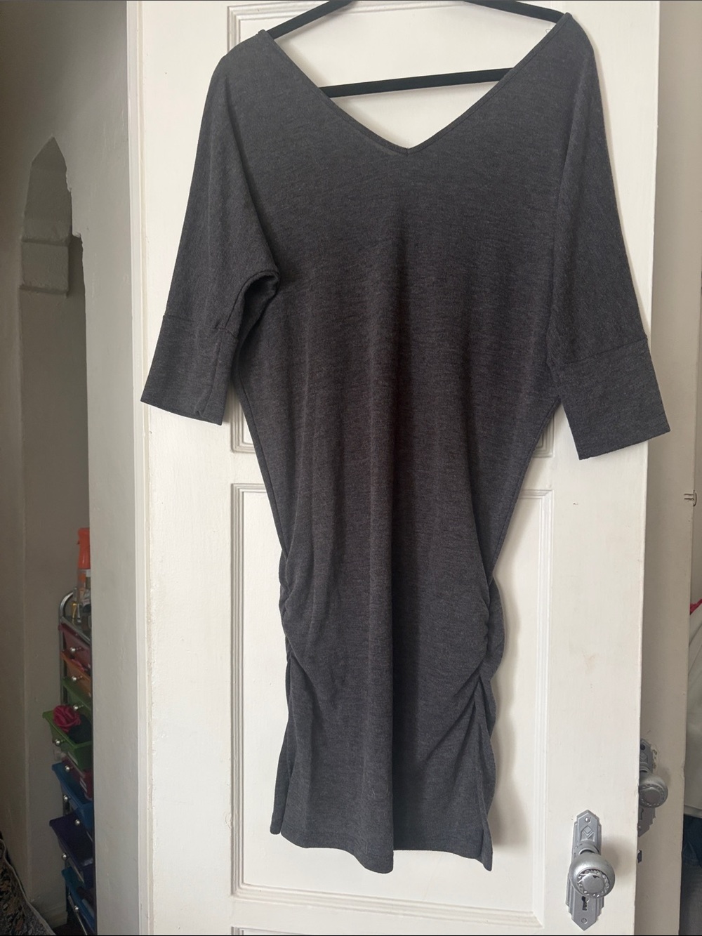Zenana Outfitters Women’s Charcoal V-Neck 3/4 Sleeves Midi Dress Size L Cozy